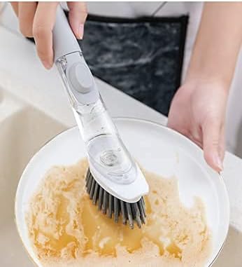 Soap Dispensing Dish Brush with 4 Replaceable Heads, Updated No Leaking Soap Dish Scrubber Soap Dispenser, Kitchen Dish Brush with Soap Dispenser for Pot Pan Sink Cleaning(Light Gray)