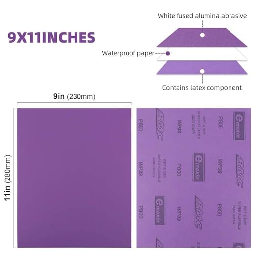 Sandpaper 800 Grit 20 PCS, Wet Dry Sanding Sheets 9 x 11 Inch, Purple Alumina Abrasive Sand Paper for Wood, Metal, Drywall, Resin, Automotive Sanding, Polishing, Grinding, by POLIWELL