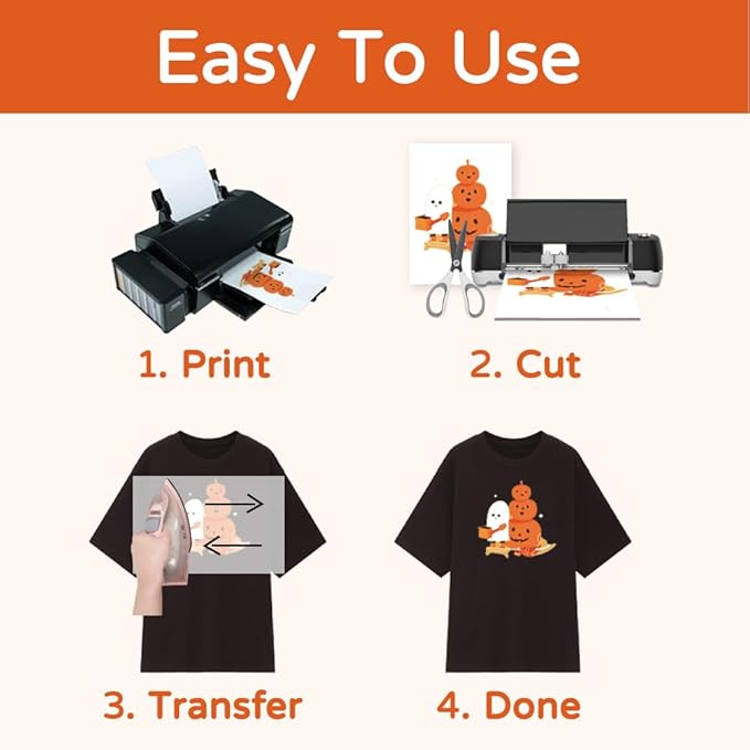 TranSmile PU-Heat Transfer Paper for T Shirts (50 Sheets, 8.5 x 11'') Printable Heat Transfer Vinyl for Dark Fabrics Iron on Transfers for Inkjet Printer (D-50)