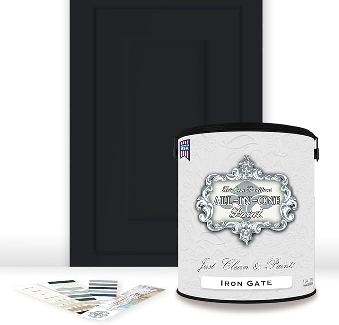 ALL-IN-ONE Paint, Durable cabinet and furniture paint. Built in primer and top coat, no sanding needed. Includes our 30 featured color card - Iron Gate (black), Gallon