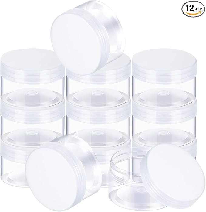 SATINIOR 12 Pack Plastic Container Jars with Lids Round Clear Travel Cosmetic Container Slime Jar for Toiletries, Lotion, Cream, Ointment, Makeup, Rhinestone, Sample, Kitchen Storage(2 oz,Clear)