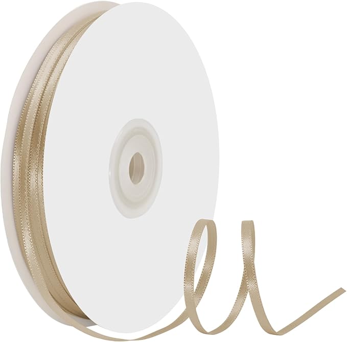 1/8" X 100 Yards Tan Satin Thin Ribbon Solid Color Double Faced Ribbons Perfect for Crafts Wedding Decor Bow Making Arts Sewing and More
