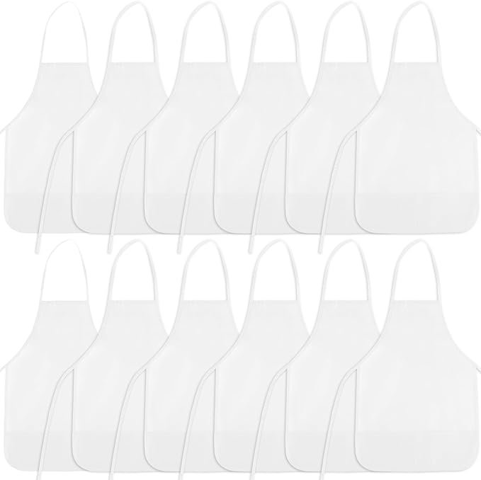 12 Pieces White Kids Painting Aprons Kid Art Apron with 2 Roomy Pockets Kids Aprons for Painting Activity Kitchen Crafts