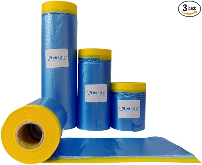 Plastic Sheeting for Car Paint – Assorted 3 Sizes Multi Pack – No Residue Painters Tape with Drop Cloth – Automotive Masking Tape with Tarp Waterproof 65 Feet (59 x 35 x 18 Inch - 3RL)