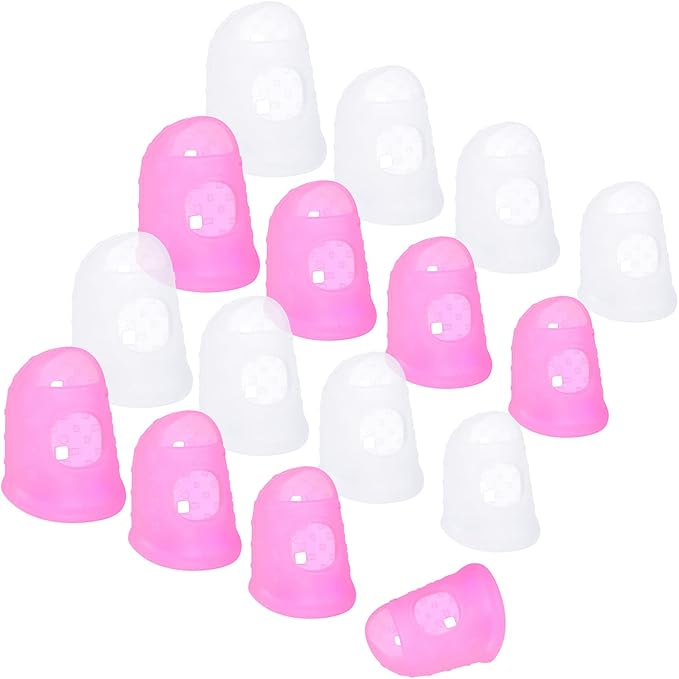 Wisdompro 16 Pcs Finger Tips, 4 Sizes Silicone Thimble Fingertip Grips Thumb Protectors Pads Cover for Hand Sewing, Paper Sorting, Page Turning, Money Counting, Guitar Playing - Pink, Translucent
