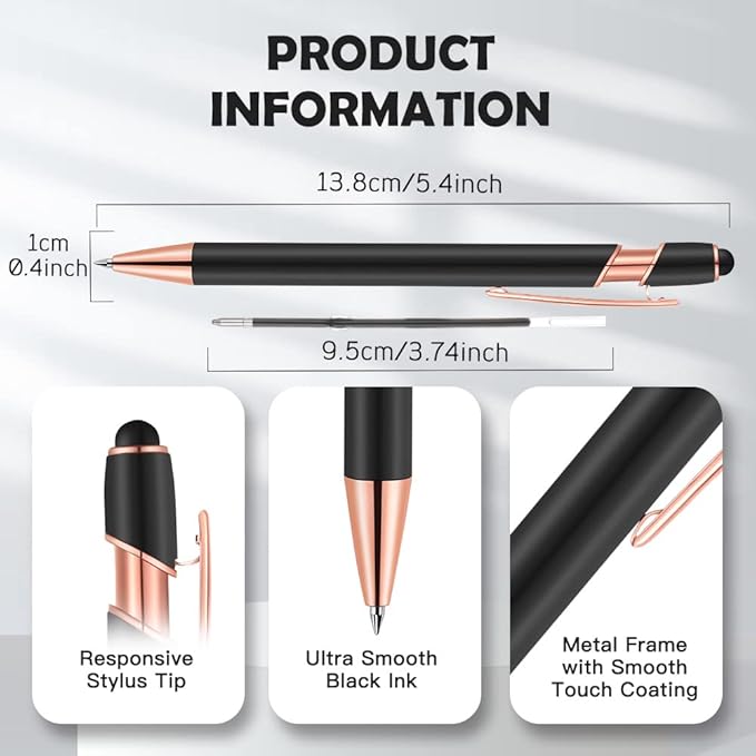 12 PCS 2 in 1 Stylus Ballpoint Pen with Stylus Tip, 1.0 mm Black Ink Metal Pen Stylus Pen for Touch Screens (Rose Gold & Green)