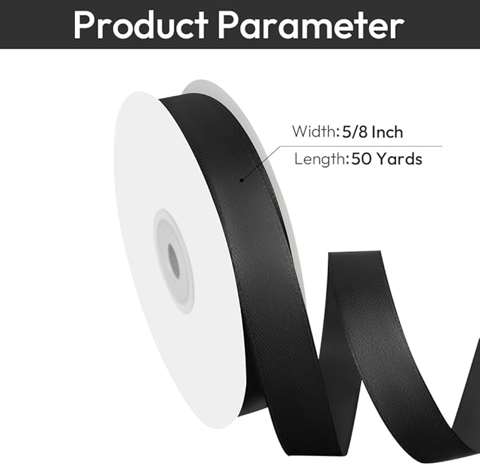 5/8" Width x 50 Yards Satin Fabric Ribbon, Black Ribbon Perfect for DIY Bows, Swags, Gift Wrapping, Craft, Flower Bouquet，Christmas and Halloween Party Decoration