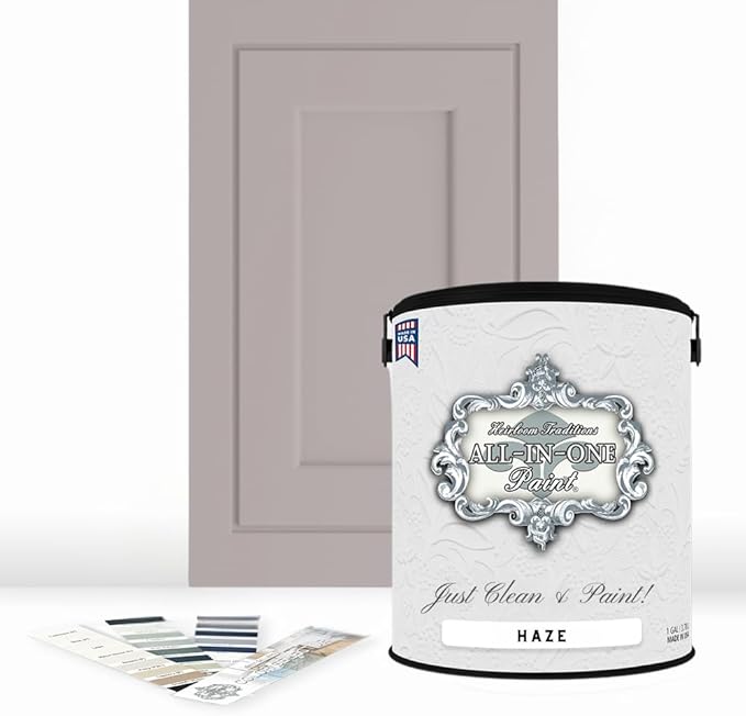 ALL-IN-ONE Paint, Durable cabinet and furniture paint. Built in primer and top coat, no sanding needed. Includes our 30 featured color card - Haze, Gallon