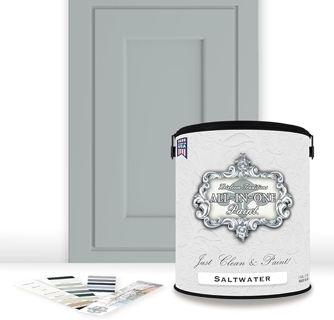 ALL-IN-ONE Paint, Durable cabinet and furniture paint. Built in primer and top coat, no sanding needed. Includes our 30 featured color card - Saltwater (pale green), Gallon