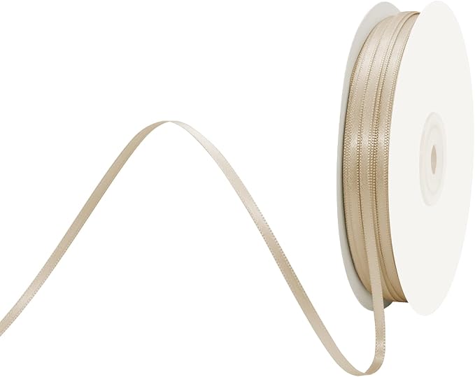 1/8" X 100 Yards Tan Satin Thin Ribbon Solid Color Double Faced Ribbons Perfect for Crafts Wedding Decor Bow Making Arts Sewing and More