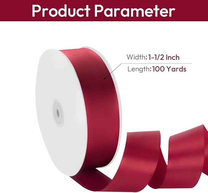 1-1/2" Width x 100 Yards Satin Ribbon, Scarlet Ribbon Perfect for DIY Craft, Bows, Gift Wrapping, Flower Bouquet, Valentine's Day, Christmas and Party Decoration
