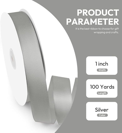 1" x 100 Yards Satin Ribbon - Silver Silk Ribbon with Spool - Ideal for Gift Wrapping, Floral Bouquets, Crafts, Wedding Party Decorations, Christmas and Sewing Projects