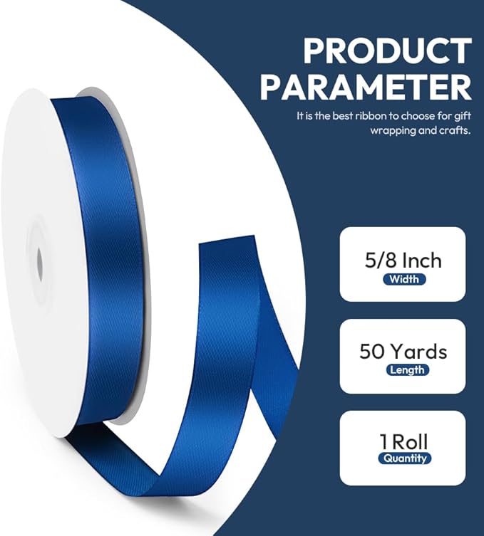 5/8" x 50 Yards Satin Ribbon - Navy Blue Silk Ribbon with Spool - Ideal for Gift Wrapping, Floral Bouquets, Crafts, Wedding Party Decorations, Christmas and Sewing Projects