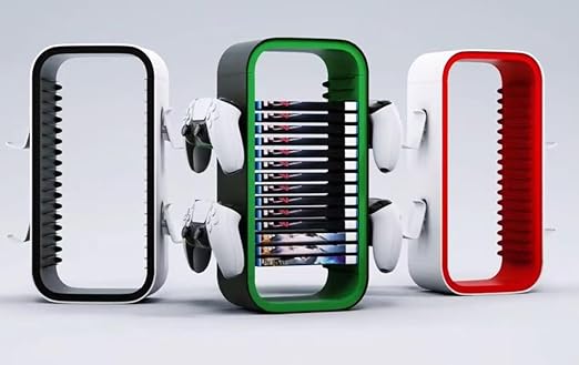 Wigmoa OYO-1 15.8INCH Game Storage Tower - PS5/Xbox Series/Switch Compatible, 18 Disc Organizer with 4 Controller Holder, Red/White