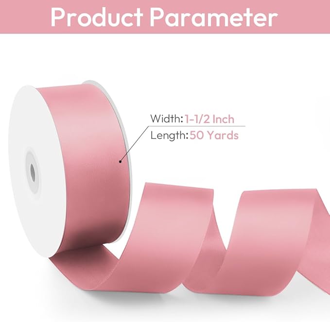 1-1/2" Width x 50 Yards Satin Fabric Ribbon, Pink Ribbon Perfect for DIY Bows, Swags, Gift Wrapping, Craft, Flower Bouquet，Christmas and Party Decoration