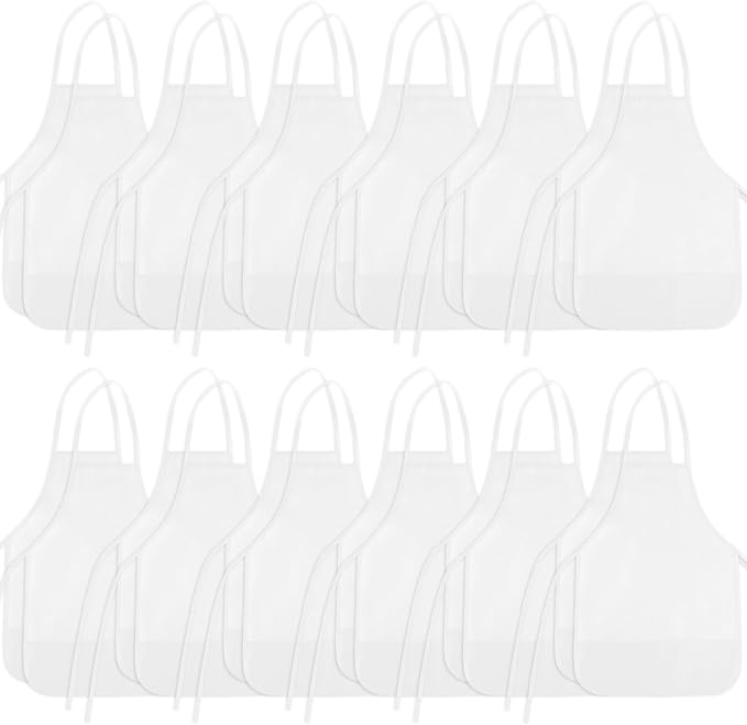 24 Pieces White Kids Painting Aprons Kids Art Aprons with 2 Roomy Pockets Kids Aprons for Art Painting Activity Kitchen Crafts
