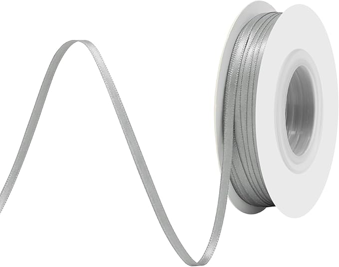 Silver Satin Ribbon 1/8" X 50 Yards Solid Color Double Faced Ribbons Perfect for Crafts Wedding Decor Bow Making Arts Sewing and More