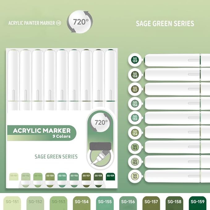 Water Based Acrylic Paint Markers Green, 9 Colors Acrylic Paint Pens Set with Soft Brush Tip, Marker Pen for Rock Painting, Egg, Wood, Glass, Paper, Mugs, Acrylic Painter Ink (Sage Green)