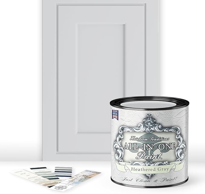 ALL-IN-ONE Paint, Durable cabinet and furniture paint. Built in primer and top coat, no sanding needed. Includes our 30 featured color card - Heathered Gray (light cool gray), Quart