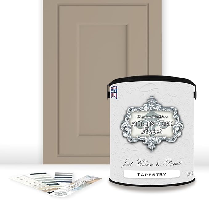 ALL-IN-ONE Paint, Durable cabinet and furniture paint. Built in primer and top coat, no sanding needed. Includes our 30 featured color card - Tapestry (khaki brown), Gallon