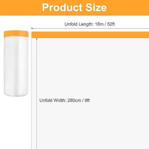 uxcell 2 Rolls Painters Plastic with Tape, 9 x 52 Ft Pre-Taped Masking Film Tape and Plastic Film Paint Plastic Covering Roll for Covering Skirting, Frames and Auto Body, Yellow/Clear