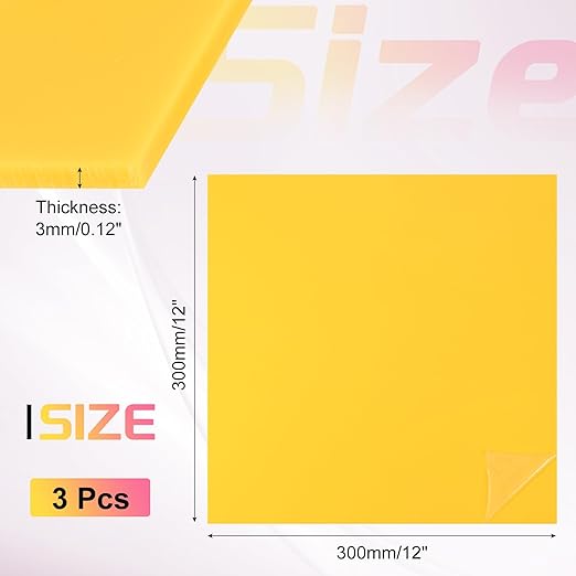 uxcell 3Pcs Acrylic Sheets 12x12 Inch Acrylic Panel 1/8 Inch-3mm Plastic Board for Picture Frames Sign Holders DIY Display Projects Craft, Yellow