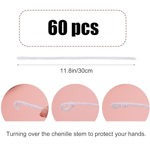 60 PCS White Pipe Cleaners - Bulk Art & Craft Pipe Cleaners Chenille Stem for Creative Home Decoration and Arts Crafts