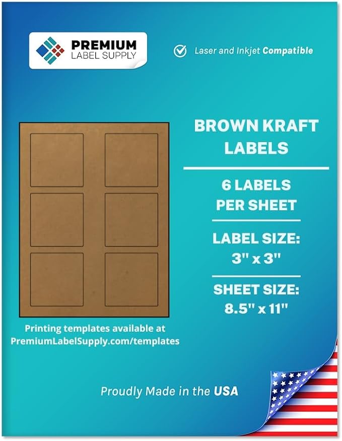 Premium Label Supply Brown Kraft Sticker Square Labels – 3" x 3" – Laser/Inkjet Compatible – (6 per Sheet), 25 Sheets – 150 Total Adhesive Labels