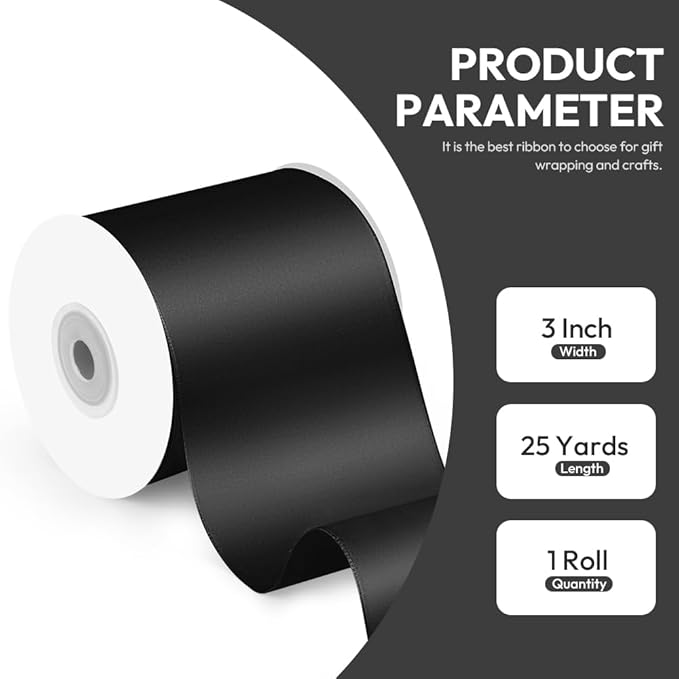 3 Inch x 25 Yard Black Satin Ribbon - Perfect for Gift Wrapping, Cutting Ribbons, Ceremony Décor, Wedding Bouquets, Embroidery, Christmas Crafts & Sewing Projects