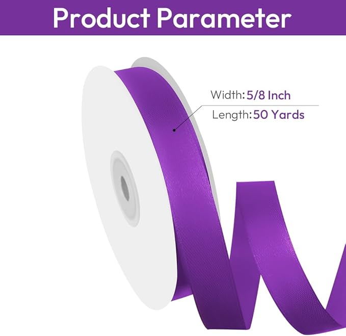 5/8" Width x 50 Yards Satin Fabric Ribbon, Purple Ribbon Perfect for DIY Bows, Swags, Gift Wrapping, Craft, Flower Bouquet，Christmas and Halloween Party Decoration
