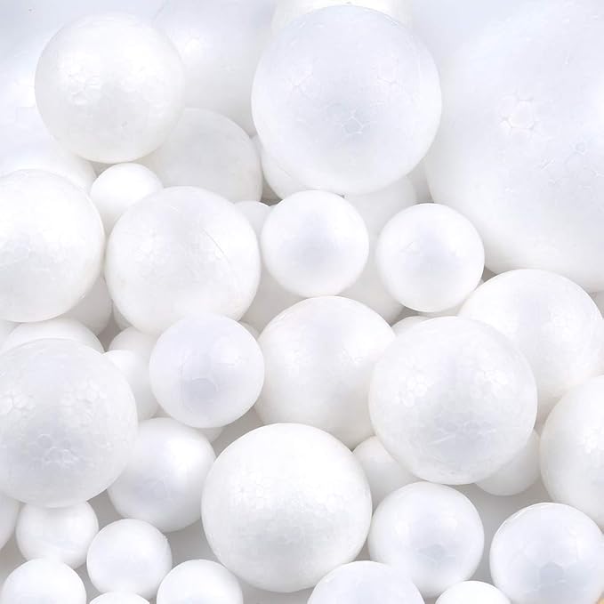 Pllieay 88 White Foam Balls - 6 Sizes, Polystyrene Craft Balls for DIY Art, Household and School Projects