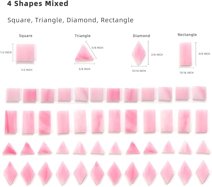 Lanyani 200 Mixed Color Glass Mosaic Tiles - 4 Shapes, Tiffany Stained Glass Pieces for Crafts, Pink