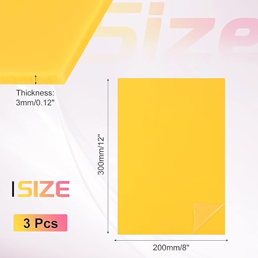 uxcell 3Pcs Acrylic Sheets 12x8 Inch Acrylic Panel 1/8 Inch-3mm Plastic Board for Picture Frames Sign Holders DIY Display Projects Craft, Yellow
