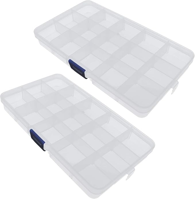 Xiaoyztan Clear Plastic Organizer, 15 Small Grids with Adjustable Dividers, Jewelry Box Bead Storage Container for Small Parts, Fishing Tackle, DIY Crafts, and Earrings, 2Pcs