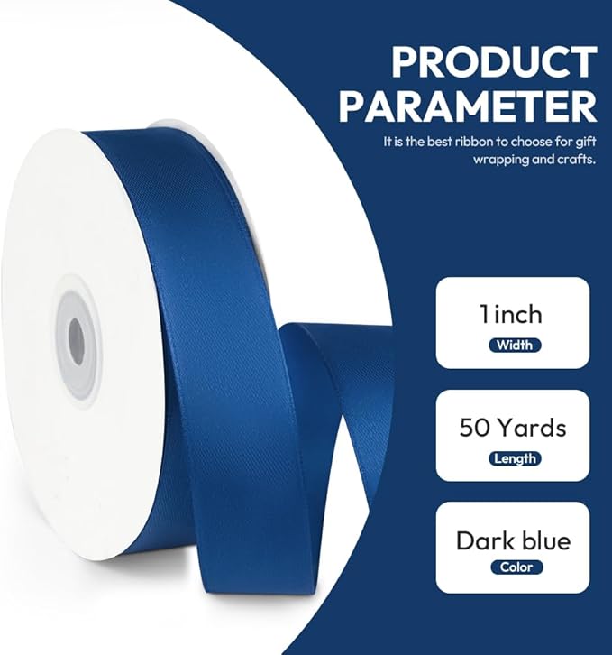 1" x 50 Yards Satin Ribbon - Navy Blue Silk Ribbon with Spool - Ideal for Gift Wrapping, Floral Bouquets, Crafts, Wedding Party Decorations, Christmas and Sewing Projects