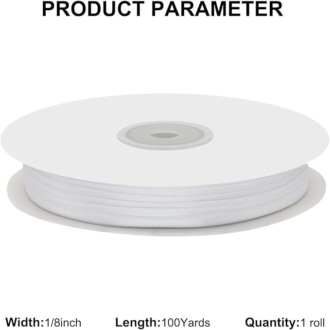 1/8" X 100 Yards White Satin Thin Ribbon Solid Color Double Faced Ribbons Perfect for Crafts Wedding Decor Bow Making Arts Sewing and More