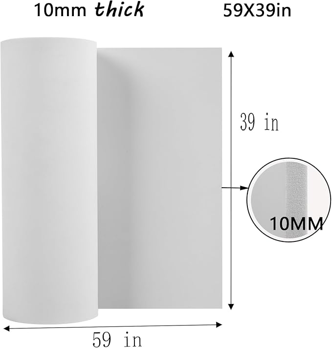 AMZQNART EVA Foam, Cosplay Foam Roll, Size 10mm Thick 39 x 59in (16sqft) Suitable for Large Foam Cosplay Modeling, DIY Projects, Crafts, Ultra High Density 90 kg/m3 White.