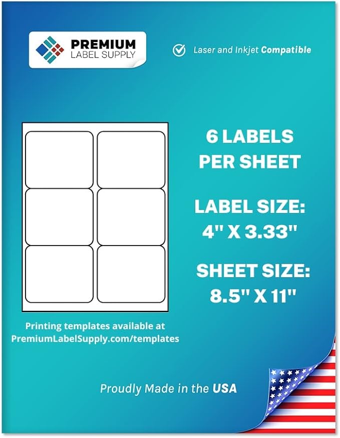 Premium Label Supply White Sticker FBA Labels – 4" x 3.33" – Laser/Inkjet Compatible – (6 per Sheet), 100 Sheets - 600 Total Adhesive Labels