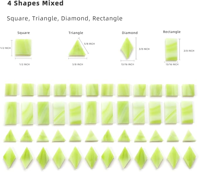 Lanyani 200 Mixed Color Glass Mosaic Tiles - 4 Shapes, Tiffany Stained Glass Pieces for Crafts, Chartreuse Green