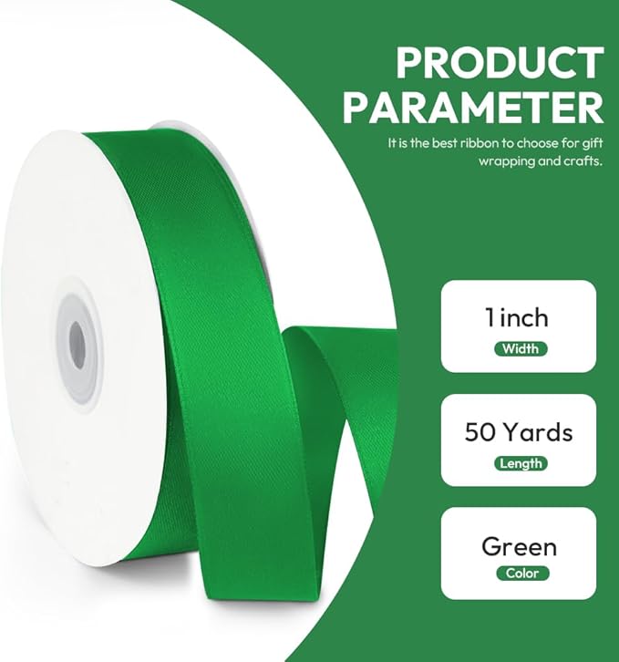 1" x 50 Yards Satin Ribbon - Green Silk Ribbon with Spool - Ideal for Gift Wrapping, Floral Bouquets, Crafts, Wedding Party Decorations, Christmas and Sewing Projects
