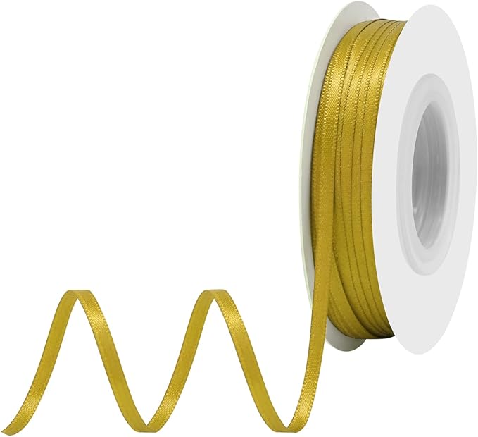Gold Satin Ribbon 1/8" X 50 Yards Solid Color Double Faced Ribbons Perfect for Crafts Wedding Decor Bow Making Arts Sewing and More