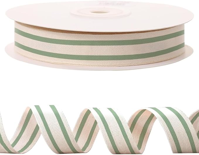 10 Yards × 3/5 Inch Green Natural Cotton Ribbon, Double Sided Webbing Straps Ribbons, Birthday Wedding Valentines Ribbons for Crafting, DIY Sewing, Gift Wrapping