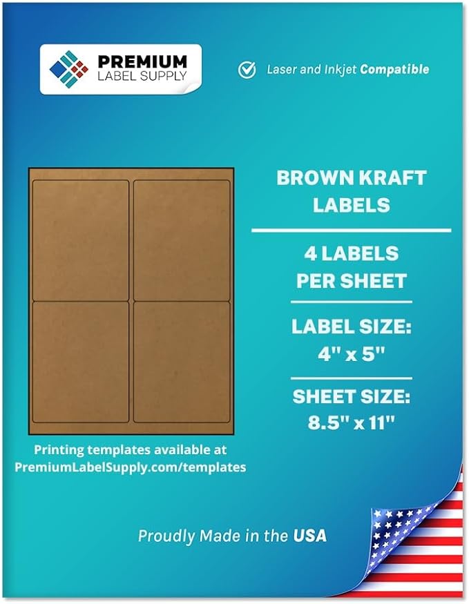 Premium Label Supply Brown Kraft Sticker Labels – 4" x 5" – Laser/Inkjet Compatible – (4 per Sheet), 100 Sheets – 400 Total Adhesive Labels