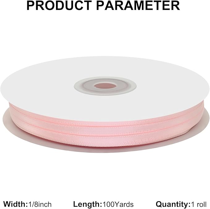 1/8" X 100 Yards Lt Pink Satin Thin Ribbon Solid Color Double Faced Ribbons Perfect for Crafts Wedding Decor Bow Making Arts Sewing and More
