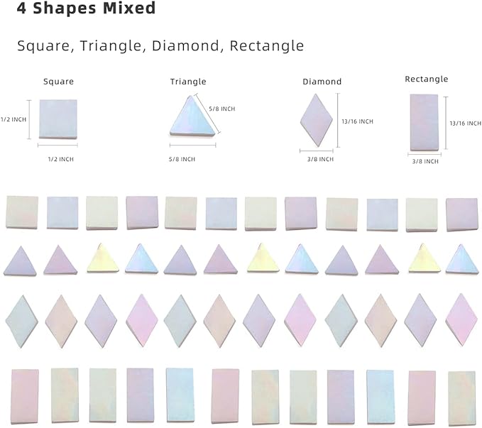 Lanyani Glass Mosaic Tiles for Art Crafts,4 Shapes Mixed Tiffany Stained Glass Pieces,200 Pieces,Square/Rectangle/Diamond/Triangle,Iridescent White