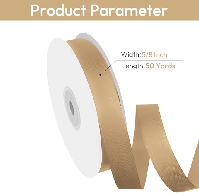 5/8" Width x 50 Yards Satin Fabric Ribbon, Champagne Gold Ribbon Perfect for DIY Bows, Swags, Gift Wrapping, Craft, Flower Bouquet，Christmas and Party Decoration