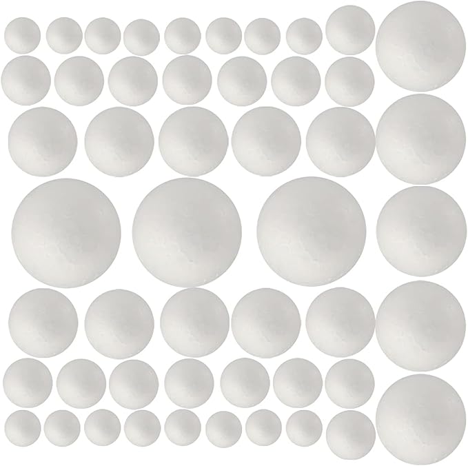 50 Pack Craft Foam Balls, 5 Sizes(1-2.4 Inches), White Polystyrene Smooth Round Balls, Foam Balls for Arts and Crafts, Christmas, DIY Craft for Home, Supplies School Craft Project and Holiday Party