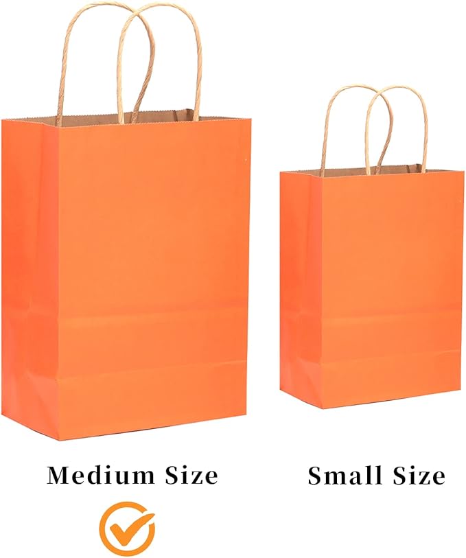 qiqee 60 pcs Kraft Bags with Handles 7.6"x4.75"x10.5" Medium Gift Paper Bag Orange Solid Color Bags