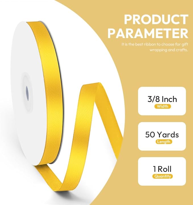 3/8" x 50 Yards Satin Ribbon - Yellow Silk Ribbon with Spool - Ideal for Gift Wrapping, Floral Bouquets, Crafts, Wedding Party Decorations, Christmas and Sewing Projects