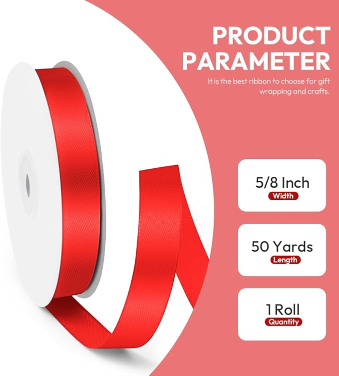 5/8" x 50 Yards Satin Ribbon - Red Silk Ribbon with Spool - Ideal for Gift Wrapping, Floral Bouquets, Crafts, Wedding Party Decorations, Christmas and Sewing Projects